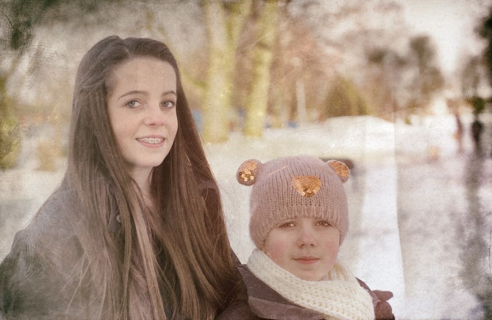 Image of my children while out on a winter walk. I have edited the image to give it a retro look.