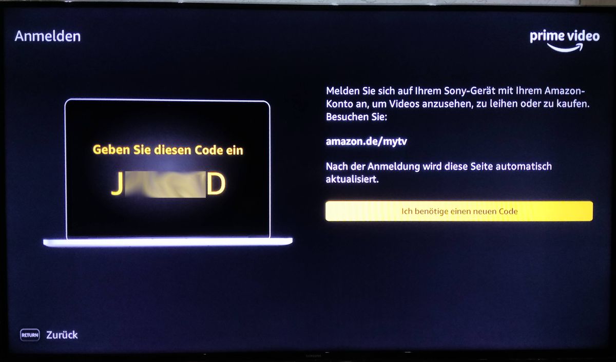 Anmeldungsbildschirm bei Prime Video auf dem BDP-S6500