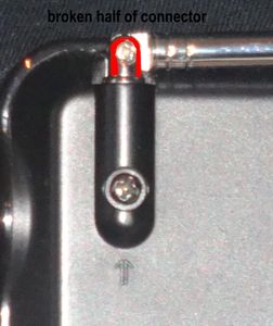red area identifies connector that snapped